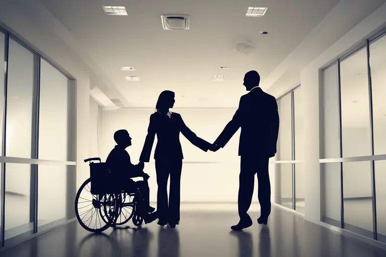Child in wheelchair with mother being helped by man in suit