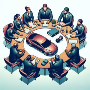 comparative negligence infographic showing several people around a table determining car accident fault