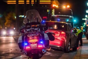 Police Motorcycle at accident scene. Police do not determine fault.