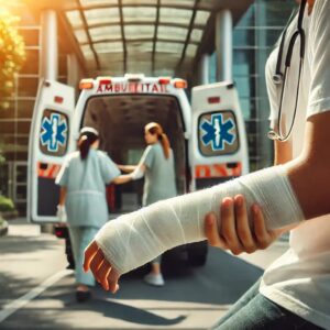 left hand in bandage with an ambulance in background