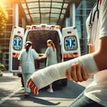 Injury Victim who received medical attention with arm in bandage and ambulance in background, law office of Kevin R. Hansen