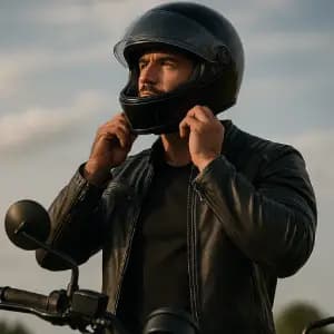 Las Vegas Motorcycle rider wearing a leather jacket and donning a dot approved full faced helmet