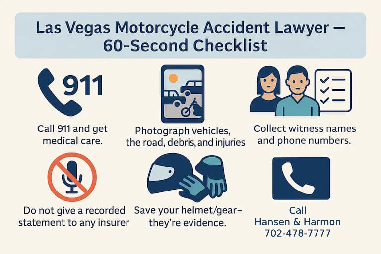 60-second-motorcycle accident checklist from Hansen & Harmon Injury Law