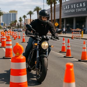 Las Vegas Motorcycle Rider navigating dangerous road construction cones