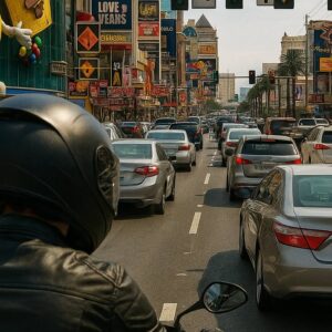 Motorcycle Rider point of view in busy Las Vegas Strip traffic