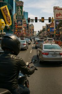 Motorcyclist in Busy Las Vegas Strip traffic