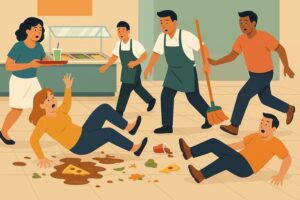 Illustration of slip and fall accident in casino caused by spill in restaraunt