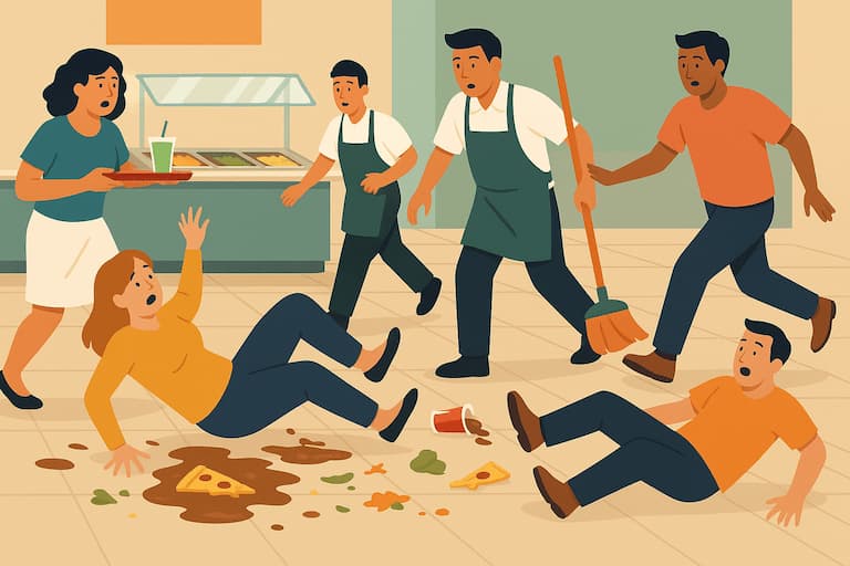 Illustration of slip and fall accident in casino caused by spill in restaraunt
