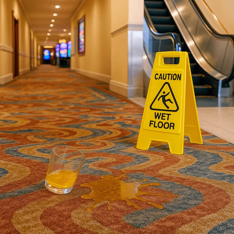 "Wet Floor" sign marks a spilled drink at bottom of escalator