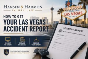 Imagen que muestra un informe de accidente con la ciudad de Las Vegas al fondo.